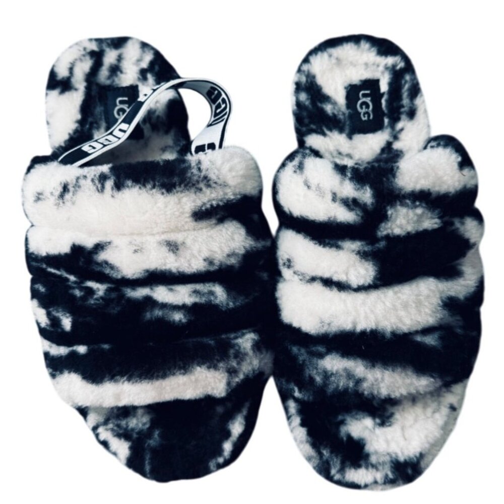 Ugg Women's Size 5 Fluff Yeah Slide Slippers Black & White Tie-Dye
